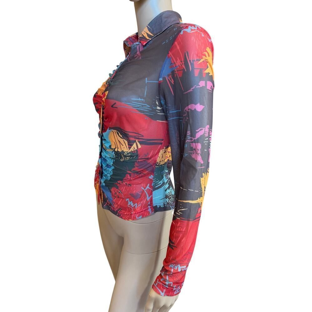Abstract Y2K Art to Wear Colorful Vibrant Artsy Ruched Button Up Blouse Women XS - Picture 7 of 11